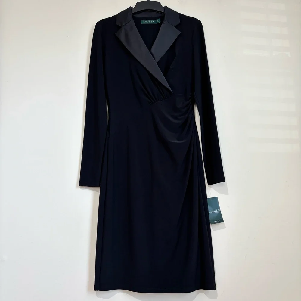 NWT Lauren Ralph Lauren  black long sleeve silk tuxedo formal prom blazer dress